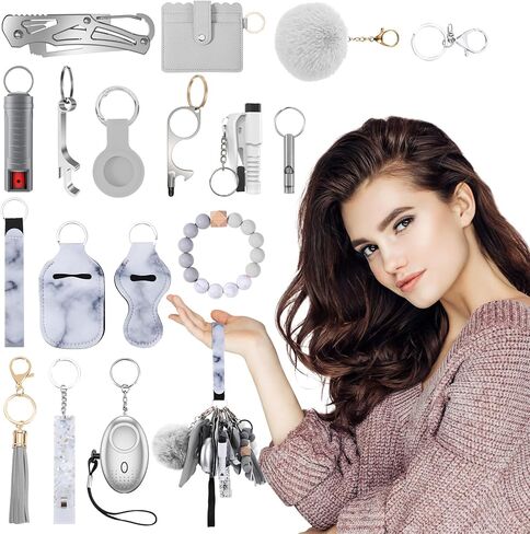 مجموعة سلاسل مفاتيح أمان مطورة للنساء، منبه شخصي، حزام معصم، حامل بطاقات، بوم بوم، مجموعة سلاسل مفاتيح للنساء والفتيات (17 قطعة، رمادي) in Kuwait