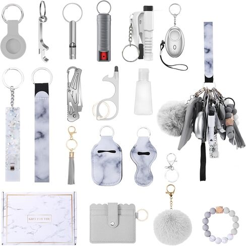 مجموعة سلاسل مفاتيح أمان مطورة للنساء، منبه شخصي، حزام معصم، حامل بطاقات، بوم بوم، مجموعة سلاسل مفاتيح للنساء والفتيات (17 قطعة، رمادي) in Kuwait