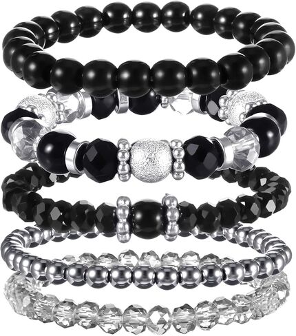 5 Pcs Boho Beaded Bracelets for Women Black Bracelets for Woman Stackable Colorful Trendy Costume Jewelry Multilayered Disco Ball Faceted Crystal Bead Bracelet in Saudi Arabia