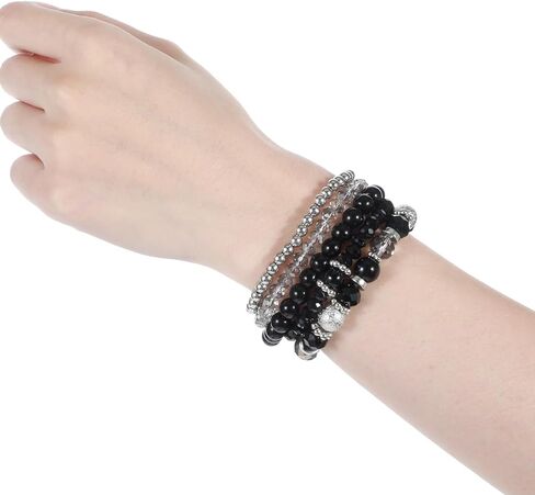 5 Pcs Boho Beaded Bracelets for Women Black Bracelets for Woman Stackable Colorful Trendy Costume Jewelry Multilayered Disco Ball Faceted Crystal Bead Bracelet in Saudi Arabia
