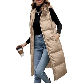 Lingswallow Long Puffer Vest Women Quilted Hooded Vests Outerwear Sleeveless Zip Up Coat Jackets With Pockets in Saudi Arabia