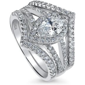 BERRICLE Sterling Silver Halo Engagement Promise Rings, Wishbone Stackable Eternity Band Ring for Women, Pear Cut Cubic Zirconia CZ, 1-3 Piece Set in Saudi Arabia
