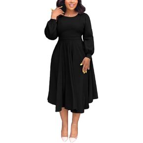 فساتين الخريف للنساء شبه رسمية تناسب عادية سليم طويلة الأكمام نفخة س الرقبة أنيقة سوينغ ألف خط فساتين ماكسي in Kuwait