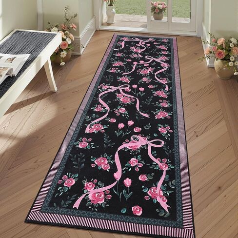 garveehome Coquette سجاد القوس الوردي والأخضر للفتيات في غرفة النوم، سجاد منطقة 5x7 لغرفة المعيشة مع كومة منخفضة ناعمة، سجادة غير قابلة للانزلاق قابلة للغسل بالزهور 5x7 لحضانة الأطفال وغرفة اللعب وغرفة الطعام وسجادة النوم الجامعي in Saudi Arabia