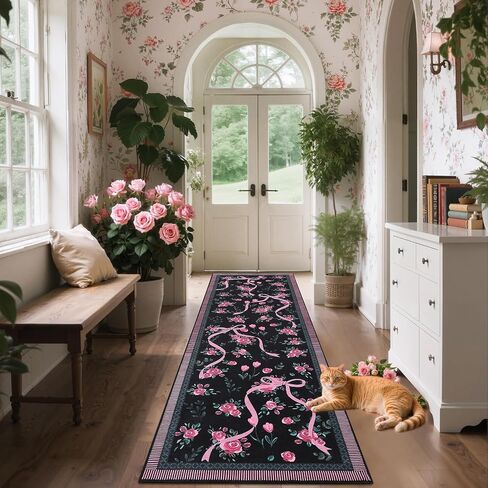 garveehome Coquette سجاد القوس الوردي والأخضر للفتيات في غرفة النوم، سجاد منطقة 5x7 لغرفة المعيشة مع كومة منخفضة ناعمة، سجادة غير قابلة للانزلاق قابلة للغسل بالزهور 5x7 لحضانة الأطفال وغرفة اللعب وغرفة الطعام وسجادة النوم الجامعي in Saudi Arabia