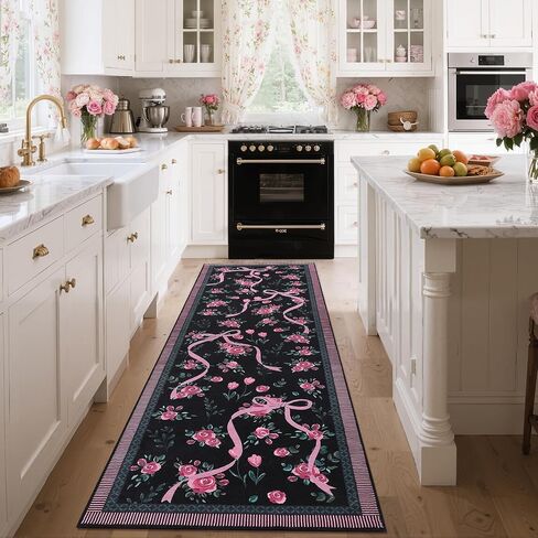 garveehome Coquette سجاد القوس الوردي والأخضر للفتيات في غرفة النوم، سجاد منطقة 5x7 لغرفة المعيشة مع كومة منخفضة ناعمة، سجادة غير قابلة للانزلاق قابلة للغسل بالزهور 5x7 لحضانة الأطفال وغرفة اللعب وغرفة الطعام وسجادة النوم الجامعي in Saudi Arabia
