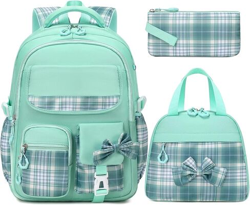 GeeWin School Backpack for Girls, Bookbags Back Pack School Bag for Teen Girl Elementary Middle School Student, Cute Stylish Plaid Girls Backpack with Matching Insulated Lunch Bag & Pencil Bag (Green) in Kuwait