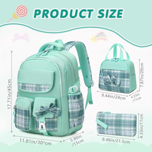 GeeWin School Backpack for Girls, Bookbags Back Pack School Bag for Teen Girl Elementary Middle School Student, Cute Stylish Plaid Girls Backpack with Matching Insulated Lunch Bag & Pencil Bag (Green) in Kuwait