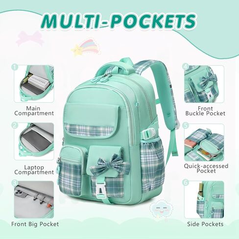 GeeWin School Backpack for Girls, Bookbags Back Pack School Bag for Teen Girl Elementary Middle School Student, Cute Stylish Plaid Girls Backpack with Matching Insulated Lunch Bag & Pencil Bag (Green) in Kuwait