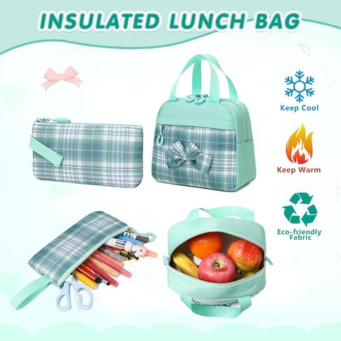 GeeWin School Backpack for Girls, Bookbags Back Pack School Bag for Teen Girl Elementary Middle School Student, Cute Stylish Plaid Girls Backpack with Matching Insulated Lunch Bag & Pencil Bag (Green) in Kuwait