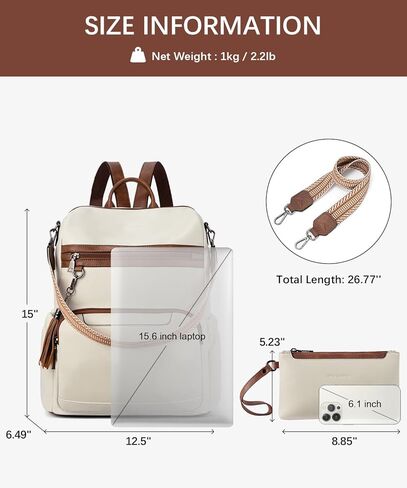 BOSTANTEN Leather Laptop Backpack for Women Designer Travel Backpack with Laptop Compartment Ladies Computer Shoulder Bags Black＆Beige＆Brown in Kuwait