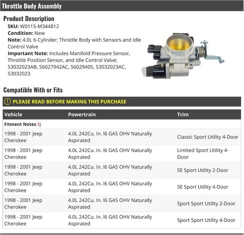 Throttle Body Assembly - Compatible with 1998-2001 Jeep Cherokee 4.0L 6-Cylinder in Saudi Arabia