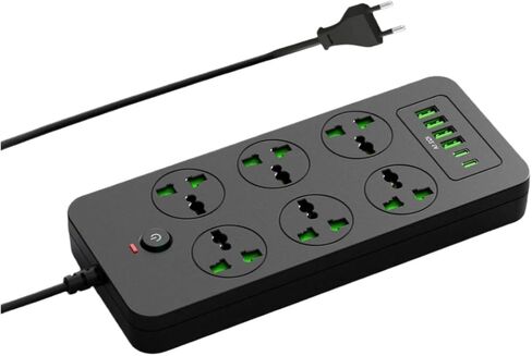 Flat Plug Extension Cord, Power Strip with 6 Universal Outlets 4 USB 2 USB C Ports, 3.1A Fast Charge，Overload Protection, 3000w, 110-240v, Outlet Extender for Home Office Overseas Travel Essentials in Kuwait