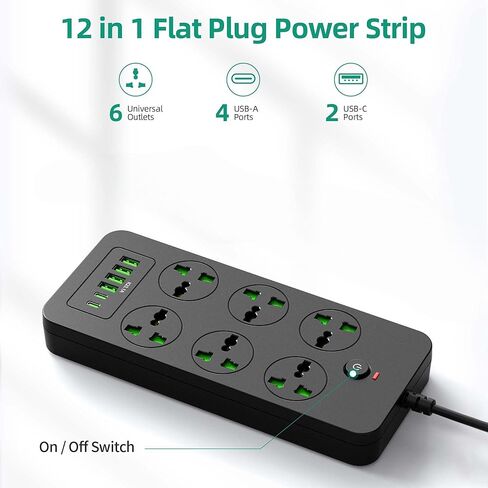Flat Plug Extension Cord, Power Strip with 6 Universal Outlets 4 USB 2 USB C Ports, 3.1A Fast Charge，Overload Protection, 3000w, 110-240v, Outlet Extender for Home Office Overseas Travel Essentials in Kuwait
