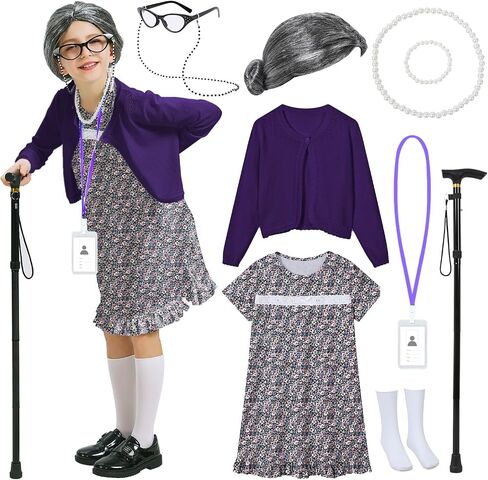 100 Days of School Kids Costume, Old Lady Costume for Kids Girls Halloween Grandma Dress Up in Saudi Arabia