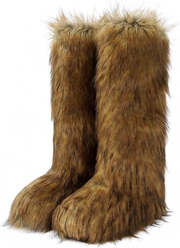 Wnshonzy Fur Boots for Women Knee High Tall Long Furry Fuzzy Black Platform Snow Winter Round Toe Comfortable Mid-Calf Short Ankle Classic Warm Outdoor in Saudi Arabia