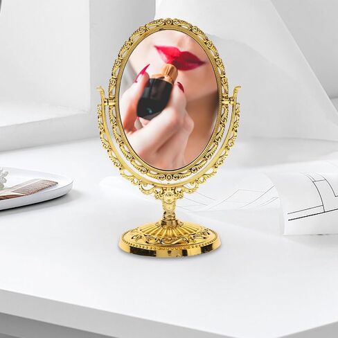 Small Vintage Makeup Mirror Double Side Desk Mirror with Embossed Pedestal Plastic Rotatable 7.86 x 4.91 x 3.54Inch Gold Oval in Saudi Arabia