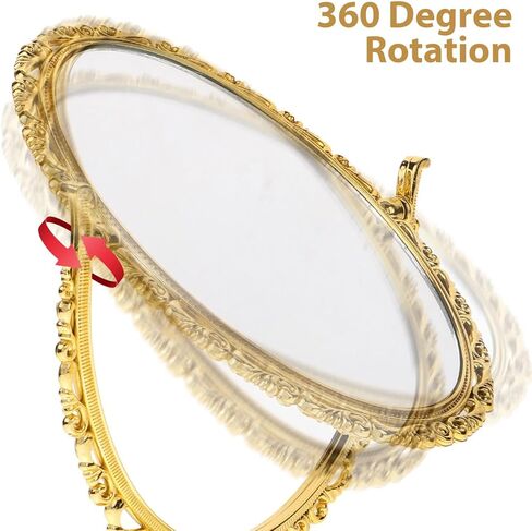 Small Vintage Makeup Mirror Double Side Desk Mirror with Embossed Pedestal Plastic Rotatable 7.86 x 4.91 x 3.54Inch Gold Oval in Saudi Arabia