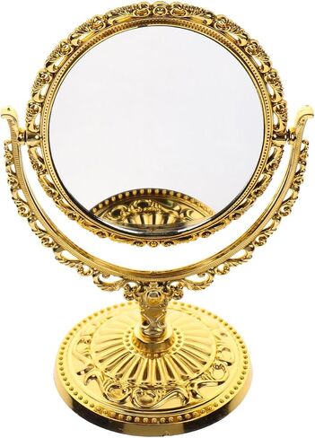 Small Vintage Makeup Mirror Double Side Desk Mirror with Embossed Pedestal Plastic Rotatable 7.86 x 4.91 x 3.54Inch Gold Oval in Saudi Arabia