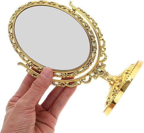 Small Vintage Makeup Mirror Double Side Desk Mirror with Embossed Pedestal Plastic Rotatable 7.86 x 4.91 x 3.54Inch Gold Oval in Saudi Arabia