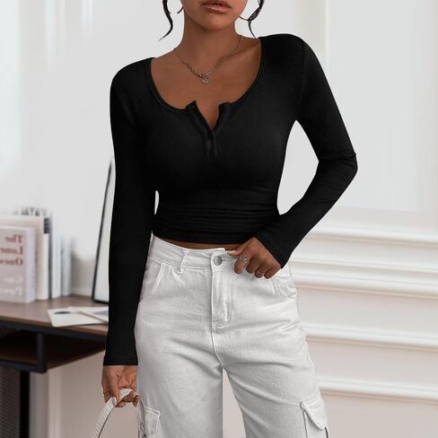 Women's Long Sleeve Henley Top - Ribbed Knit, Button Detail, Slim Fit in Saudi Arabia