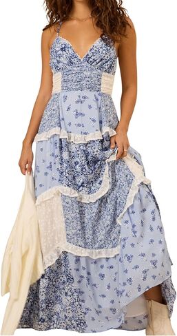 ebossy Womens Lace Patchwork Floral Maxi Dress Spaghetti Strap Sexy Backless Ruffle Tiered Boho Beach Sundresses in Saudi Arabia