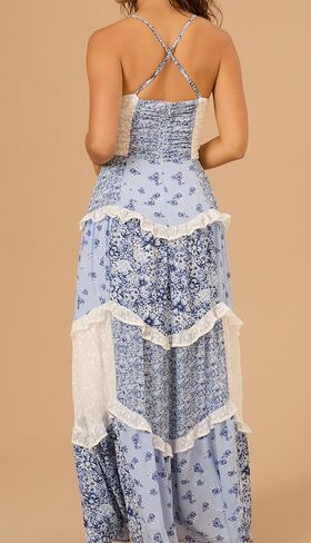 ebossy Womens Lace Patchwork Floral Maxi Dress Spaghetti Strap Sexy Backless Ruffle Tiered Boho Beach Sundresses in Saudi Arabia