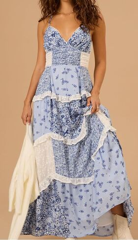 ebossy Womens Lace Patchwork Floral Maxi Dress Spaghetti Strap Sexy Backless Ruffle Tiered Boho Beach Sundresses in Saudi Arabia