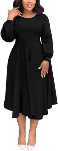 فساتين الخريف للنساء شبه رسمية تناسب عادية سليم طويلة الأكمام نفخة س الرقبة أنيقة سوينغ ألف خط فساتين ماكسي in Kuwait