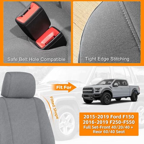 غطاء مقعد الشاحنة الأمامي والخلفي متوافق مع 2015-2019 Ford F150 2016-2019 F250-F550، الجزء الأمامي مع مسند ذراع مفتوح، قماش محبوك عالي التحمل، رمادي in Saudi Arabia