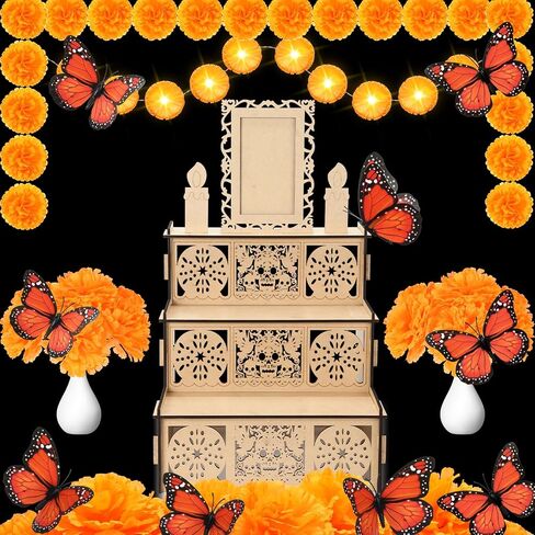 Jetec 28 قطعة Dia De Los Muertos الديكور مذبح Ofrenda Wood Shadow Box يوم الموتى ديكور مع 1 مذبح Ofrenda 20 زهرة القطيفة 4.92 قدم مضاءة القطيفة جارلاند 6 فراشة (كلاسيكية، كبيرة) in Saudi Arabia