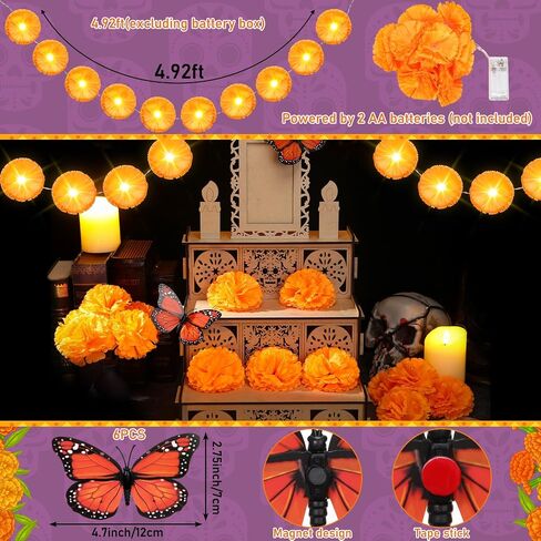 Jetec 28 قطعة Dia De Los Muertos الديكور مذبح Ofrenda Wood Shadow Box يوم الموتى ديكور مع 1 مذبح Ofrenda 20 زهرة القطيفة 4.92 قدم مضاءة القطيفة جارلاند 6 فراشة (كلاسيكية، كبيرة) in Saudi Arabia