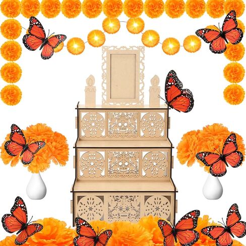 Jetec 28 قطعة Dia De Los Muertos الديكور مذبح Ofrenda Wood Shadow Box يوم الموتى ديكور مع 1 مذبح Ofrenda 20 زهرة القطيفة 4.92 قدم مضاءة القطيفة جارلاند 6 فراشة (كلاسيكية، كبيرة) in Saudi Arabia
