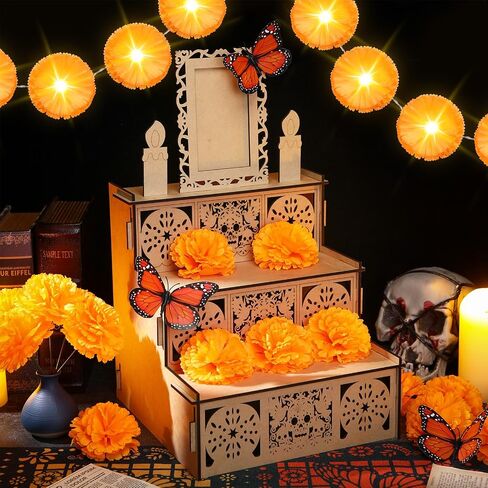 Jetec 28 قطعة Dia De Los Muertos الديكور مذبح Ofrenda Wood Shadow Box يوم الموتى ديكور مع 1 مذبح Ofrenda 20 زهرة القطيفة 4.92 قدم مضاءة القطيفة جارلاند 6 فراشة (كلاسيكية، كبيرة) in Saudi Arabia