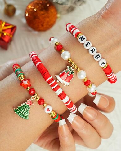 5 عبوات من أساور عيد الميلاد للنساء من خرز الطين وزينة عيد الميلاد مجموعة أساور الصداقة القابلة للتكديس من أجل هدايا عيد الميلاد ومفاجأة تخزين الهدايا in Kuwait