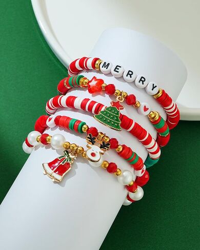 5 عبوات من أساور عيد الميلاد للنساء من خرز الطين وزينة عيد الميلاد مجموعة أساور الصداقة القابلة للتكديس من أجل هدايا عيد الميلاد ومفاجأة تخزين الهدايا in Kuwait