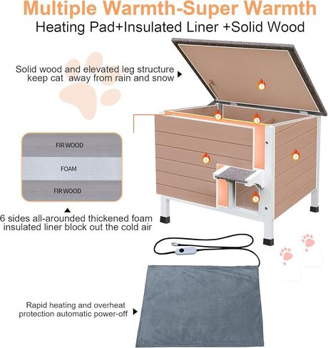 Deblue Ourdoor Cat House, 100% Insulated Cat Houses for Outdoor Cats, Weatherproof feral cat house with All-Round Foam, Wooden Cat Shelter for Multiple Cats (Insulated Cat House with Mat) in Kuwait