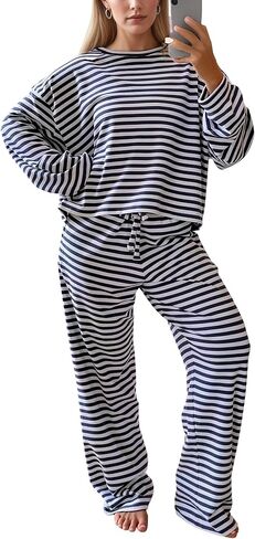 Women Striped Two Pieces Lounge Set Stripes Long Sleeve Crew Neck Tshirt Top Drawstring Wide Leg Pants 2pcs Sets in Kuwait