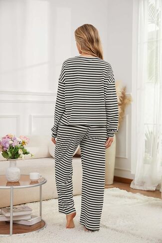 Women Striped Two Pieces Lounge Set Stripes Long Sleeve Crew Neck Tshirt Top Drawstring Wide Leg Pants 2pcs Sets in Kuwait