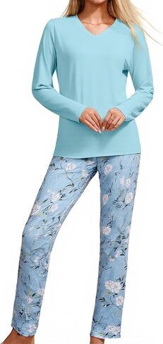 طقم تي شيرت نسائي مخطط من YUNDAI مكون من قطعتين بأكمام طويلة وسروال كابري، طقم ملابس نوم Pjs مع جيوب in Kuwait