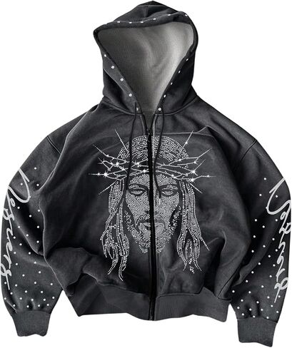 SOLY HUX Men's Y2k Zip Up Hoodie Rhinestone Sparkly Graphic Hooded Sweatshirt Jacket Grunge Streetwear in Saudi Arabia