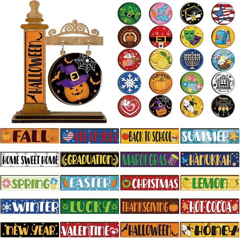 41 Pcs Interchangeable Seasonal Mini Standing Sign Farmhouse Interchangeable Welcome Wood Sign Interchangeable Seasonal Decor Decorative Wooden Holiday Table Sign for Home Table Decor in Kuwait