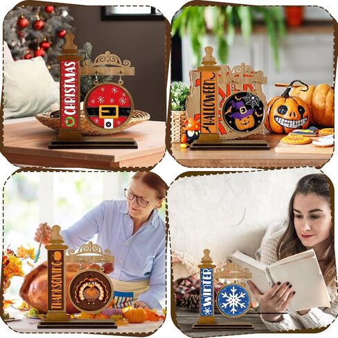 41 Pcs Interchangeable Seasonal Mini Standing Sign Farmhouse Interchangeable Welcome Wood Sign Interchangeable Seasonal Decor Decorative Wooden Holiday Table Sign for Home Table Decor in Kuwait