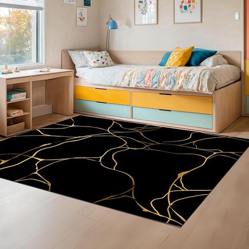 Marble Rugs for Living Room: 6x9 Feet Abstract Black and Gold Marble Area Rug Non Slip Washable Carpet Floor Mat for Bedroom Dorm Kitchen Classroom Dining Room Hallway in Saudi Arabia