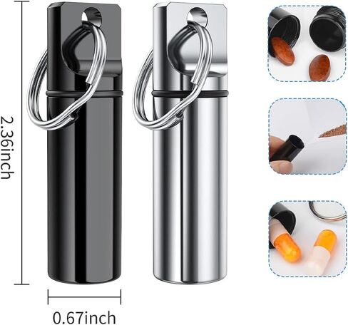 2-Pack Mini Pill Box Keychain - Waterproof Aluminum Alloy Pill Holder for Travel & Daily Use(Black Silver) in Saudi Arabia
