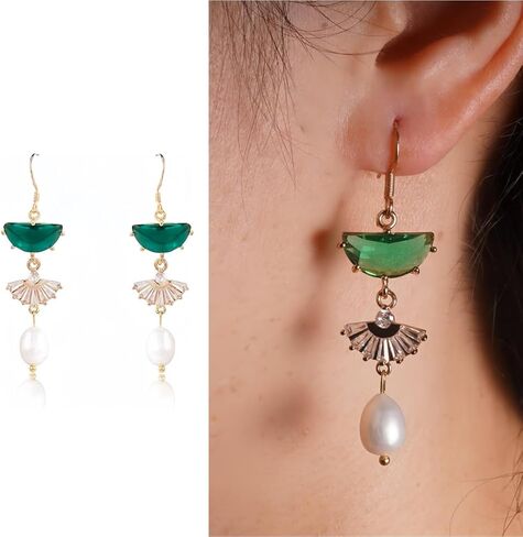 Art Deco Earrings – Emerald Green Drop Chandelier Jewelry for Women, 1920s Vintage Bridal & Wedding Statement Sterling Silver Earrings in Kuwait