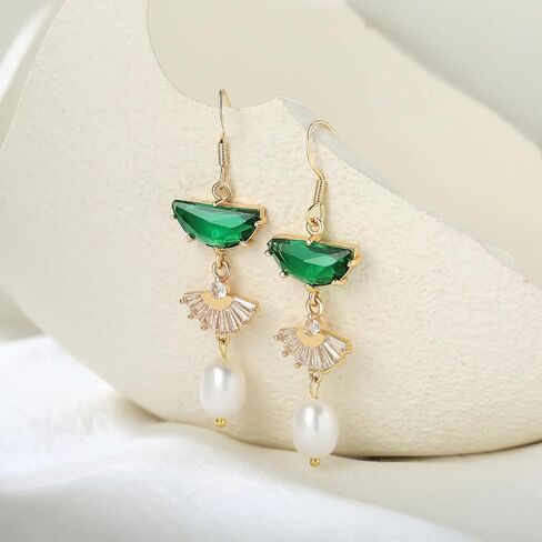 Art Deco Earrings – Emerald Green Drop Chandelier Jewelry for Women, 1920s Vintage Bridal & Wedding Statement Sterling Silver Earrings in Kuwait