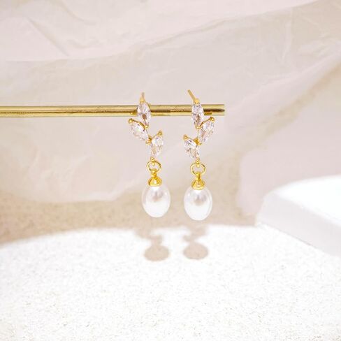 Pearl Earrings for Women, 14k Pearl Drop Dangle Earrings Gold Earrings for Women Trendy Cute Prom Bridal Earring Flower Long Earring Wedding Jewelry in Saudi Arabia