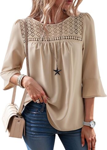 Dokotoo Women's 2025 Fall Fashion Tops 3/4 Sleeve Crewneck Shirts Casual Chiffon Boho Lace Blouses in Saudi Arabia