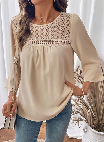 Dokotoo Women's 2025 Fall Fashion Tops 3/4 Sleeve Crewneck Shirts Casual Chiffon Boho Lace Blouses in Saudi Arabia